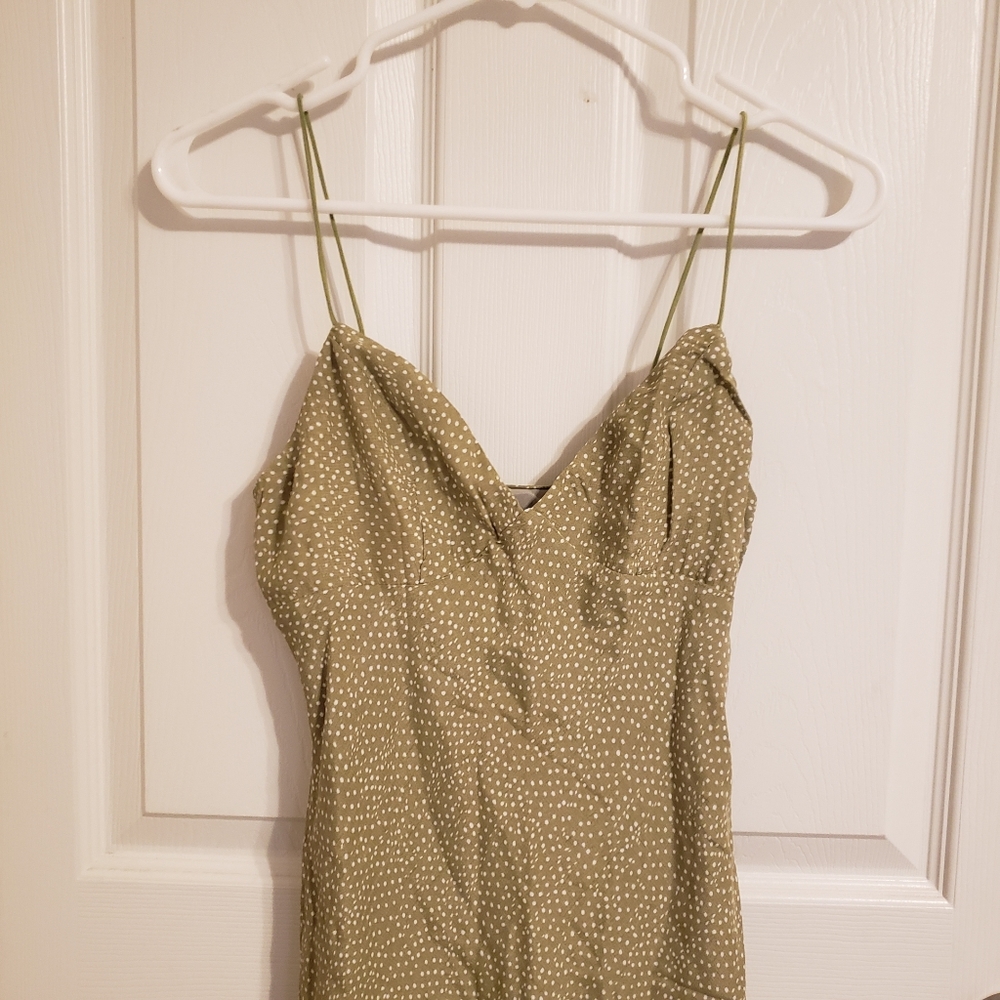 Hello Molly Olive Green Polka Dot Slip Midi Dress with Side Slit - Picture 2 of 15